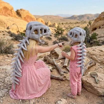 A woman and a child wearing dinosaur skeleton costumes in a desert canyon setting. The woman is kneeling and pointing, while the child stands beside her.