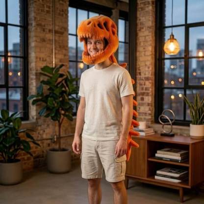 A man wearing a plush orange dinosaur head and tail costume stands in a modern loft-style room with brick walls, large windows, and indoor plants.