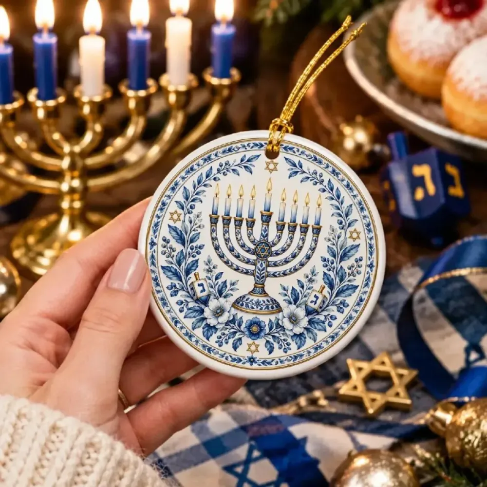 Blue & White Hanukkah Menorah Ceramic Ornament