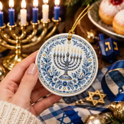 Blue & White Hanukkah Menorah Ceramic Ornament