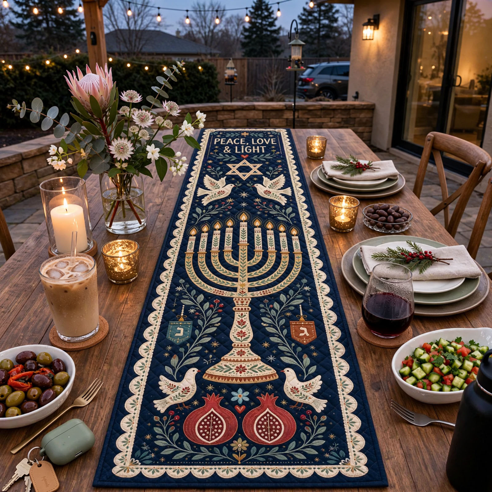 Navy Hanukkah Table Runner – Peace, Love & Light
