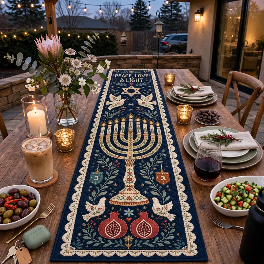 Navy Hanukkah Table Runner – Peace, Love & Light