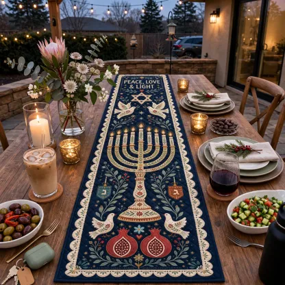 Navy Hanukkah Table Runner – Peace, Love & Light