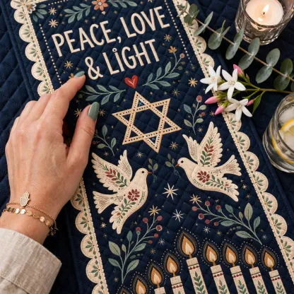 Navy Hanukkah Table Runner – Peace, Love & Light