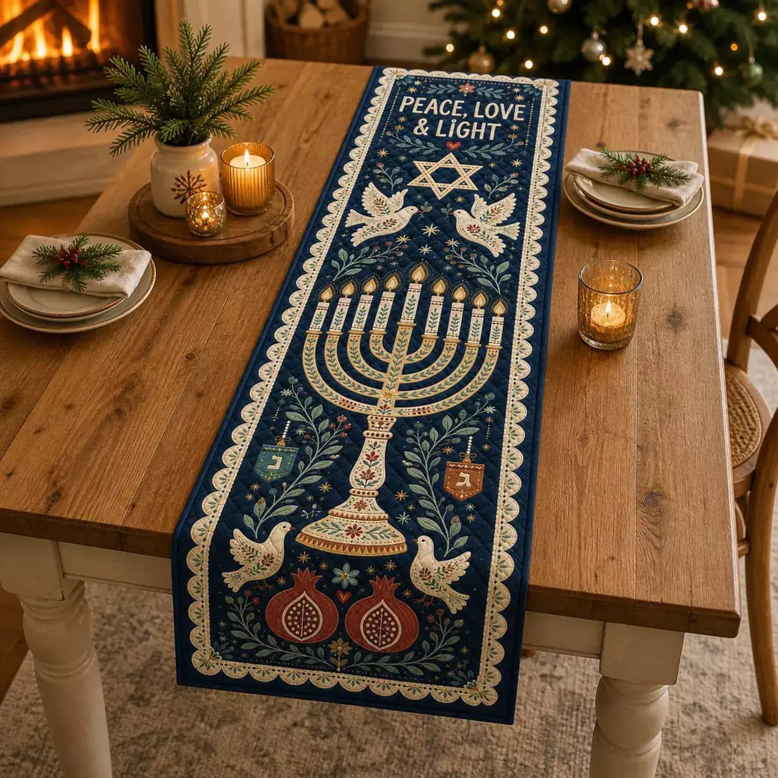A navy blue Hanukkah table runner with Peace Love & Light slogan sits on a wooden dining table next to a warm burning fireplace