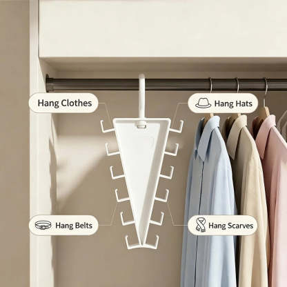 A white triangular hanging organizer rack shown inside a closet, with labeled callouts for hanging clothes, hats, belts, and scarves. Several garments are hanging on the right side.