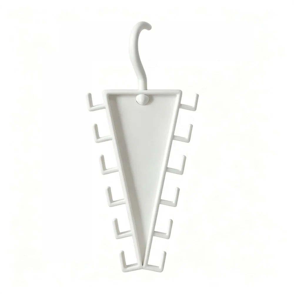 A white plastic umbrella stand with a hook at the top and multiple side slots, shown against a plain white background.