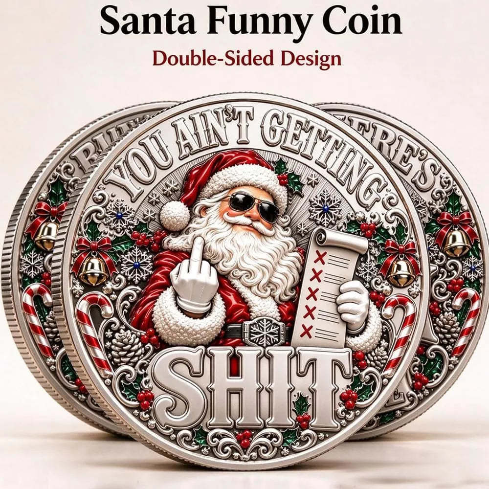 Close-up view of Santa artwork and lettering on the novelty coin