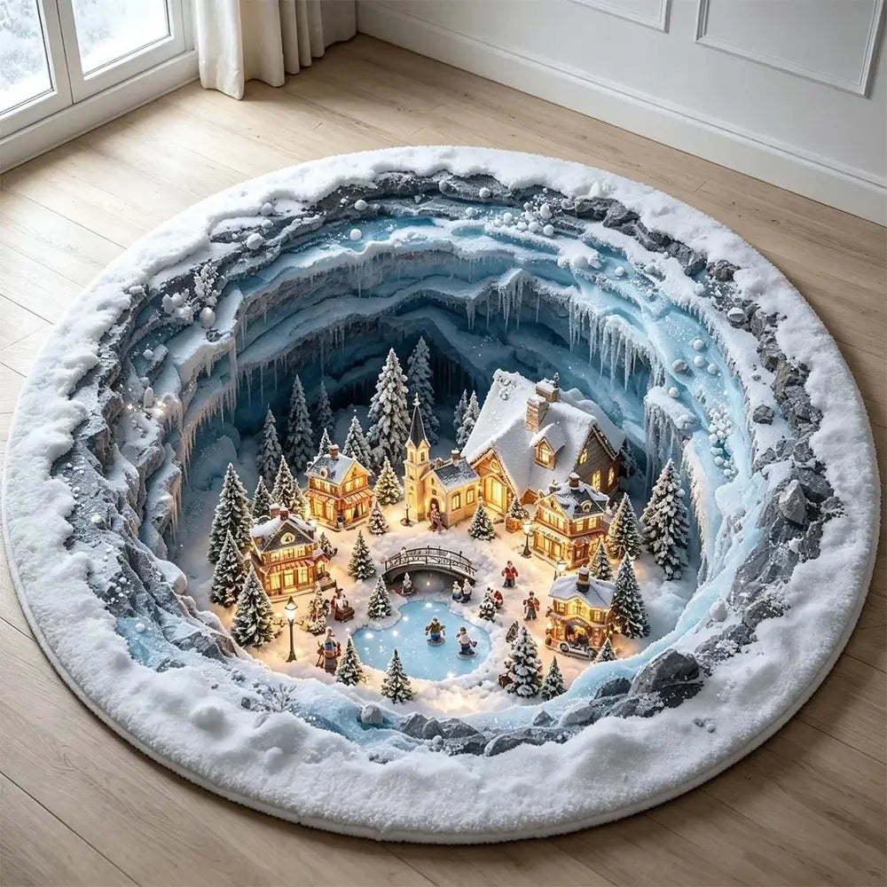 A round plush rug featuring a detailed 3D winter village scene with glowing houses, snow-covered trees, a frozen pond, and icy mountain cliffs, displayed on a light wood floor.