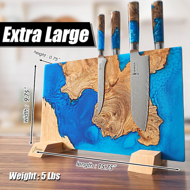 Extra Large Tsunami Magnetic Knife Block Holds Up to 16 Knives Beautiful Blue Resin & Natural Wood Blend, Universal Knife Holder image 3