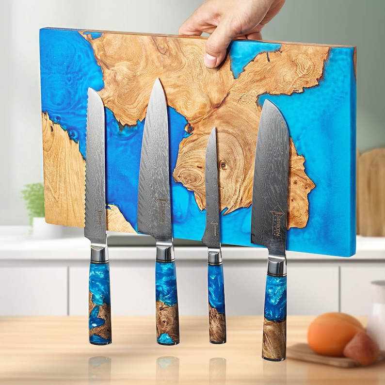 Extra Large Tsunami Magnetic Knife Block Holds Up to 16 Knives Beautiful Blue Resin & Natural Wood Blend, Universal Knife Holder image 6