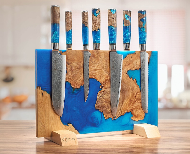 Extra Large Tsunami Magnetic Knife Block Holds Up to 16 Knives Beautiful Blue Resin & Natural Wood Blend, Universal Knife Holder "Tsunami" Blue Resin