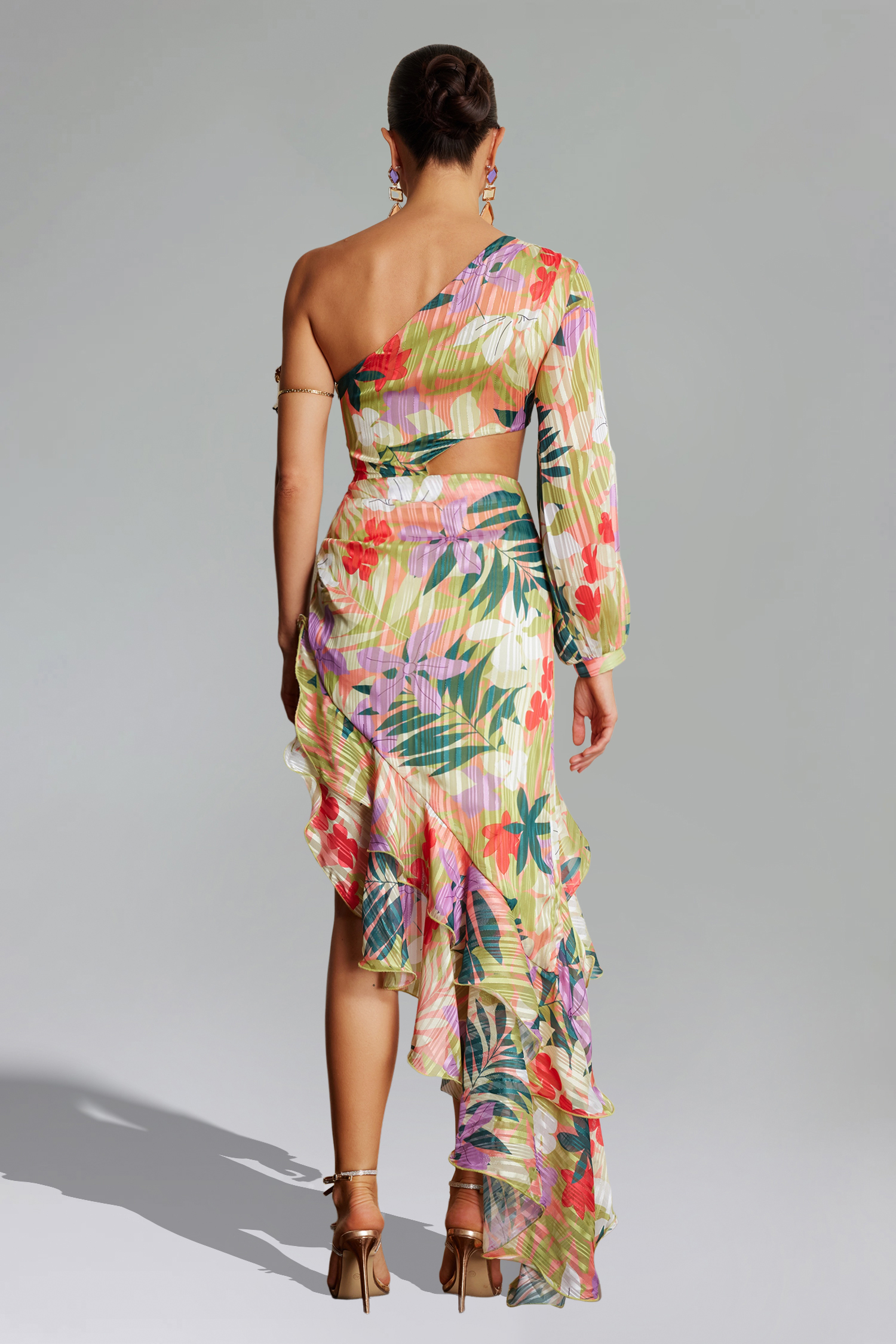 Parry Flower Print One Shoulder Cut Out Asymmetrical Dress - Floral