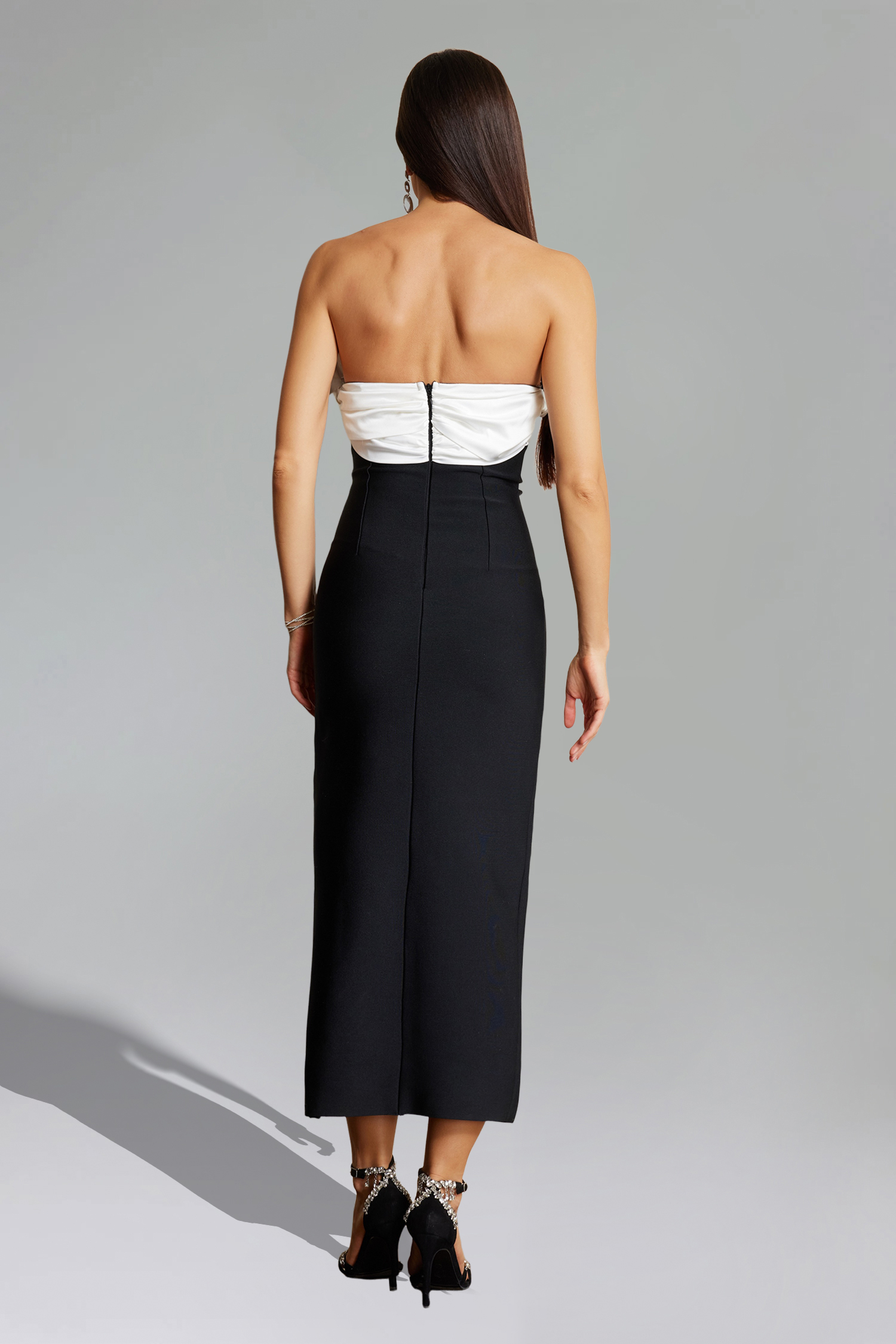 Nona Pleated Strapless Slit Midi Dress