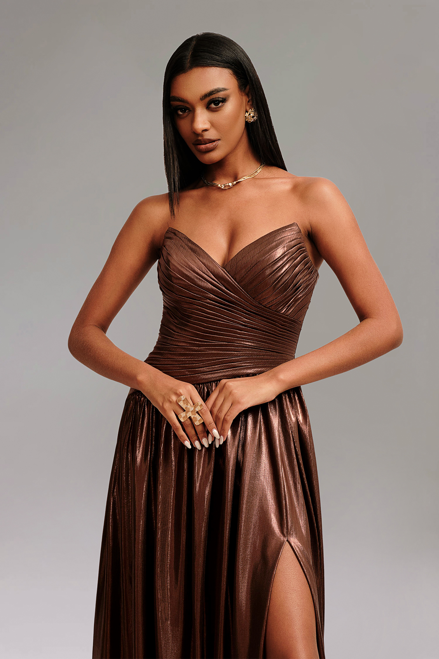 Viky Strapless Pleat Elastic Coating Maxi Dress