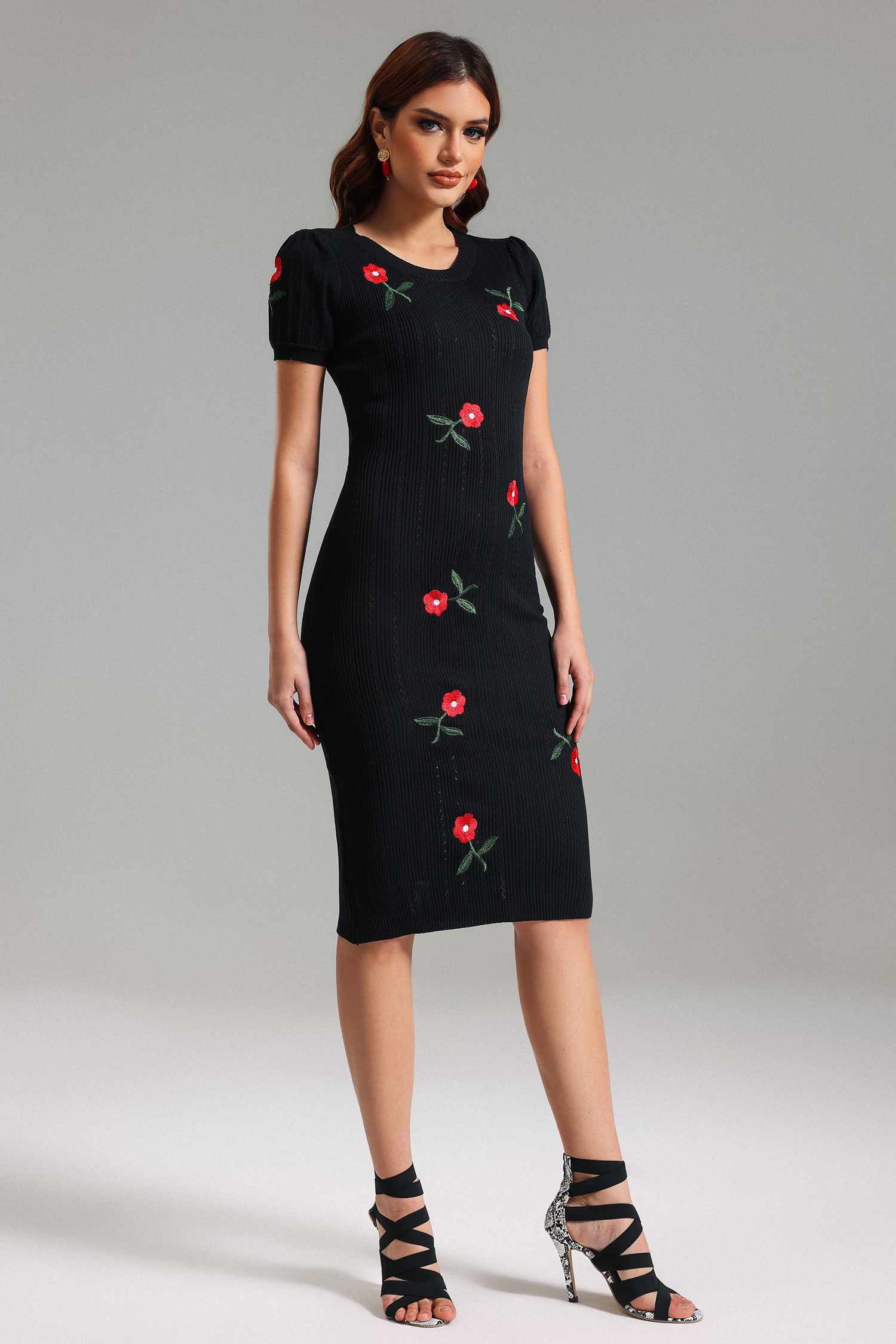 Wanda Puff-Sleeves Knitted Midi Dress