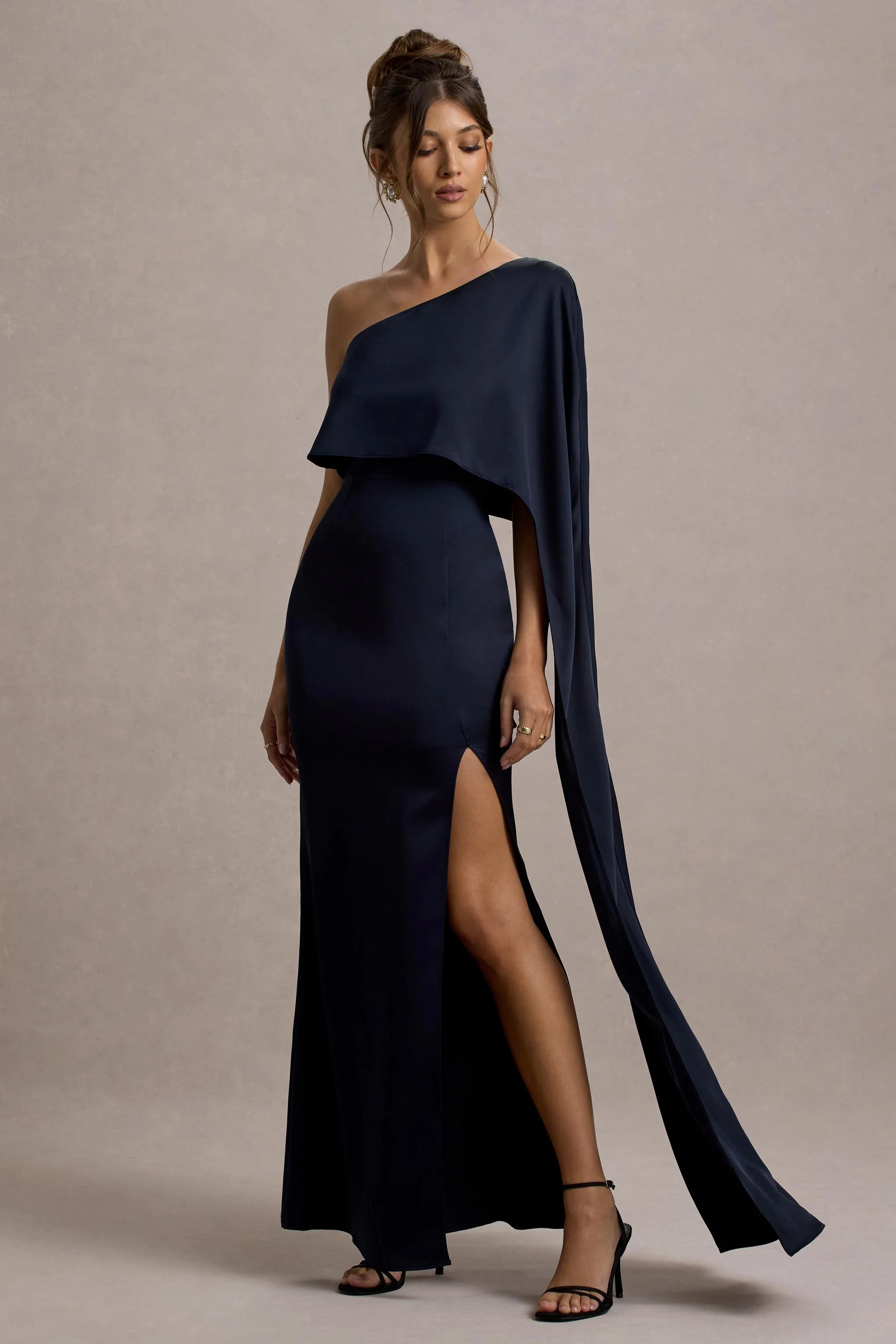 Navy Satin Asymmetric Cape-Sleeve Split Maxi Dress