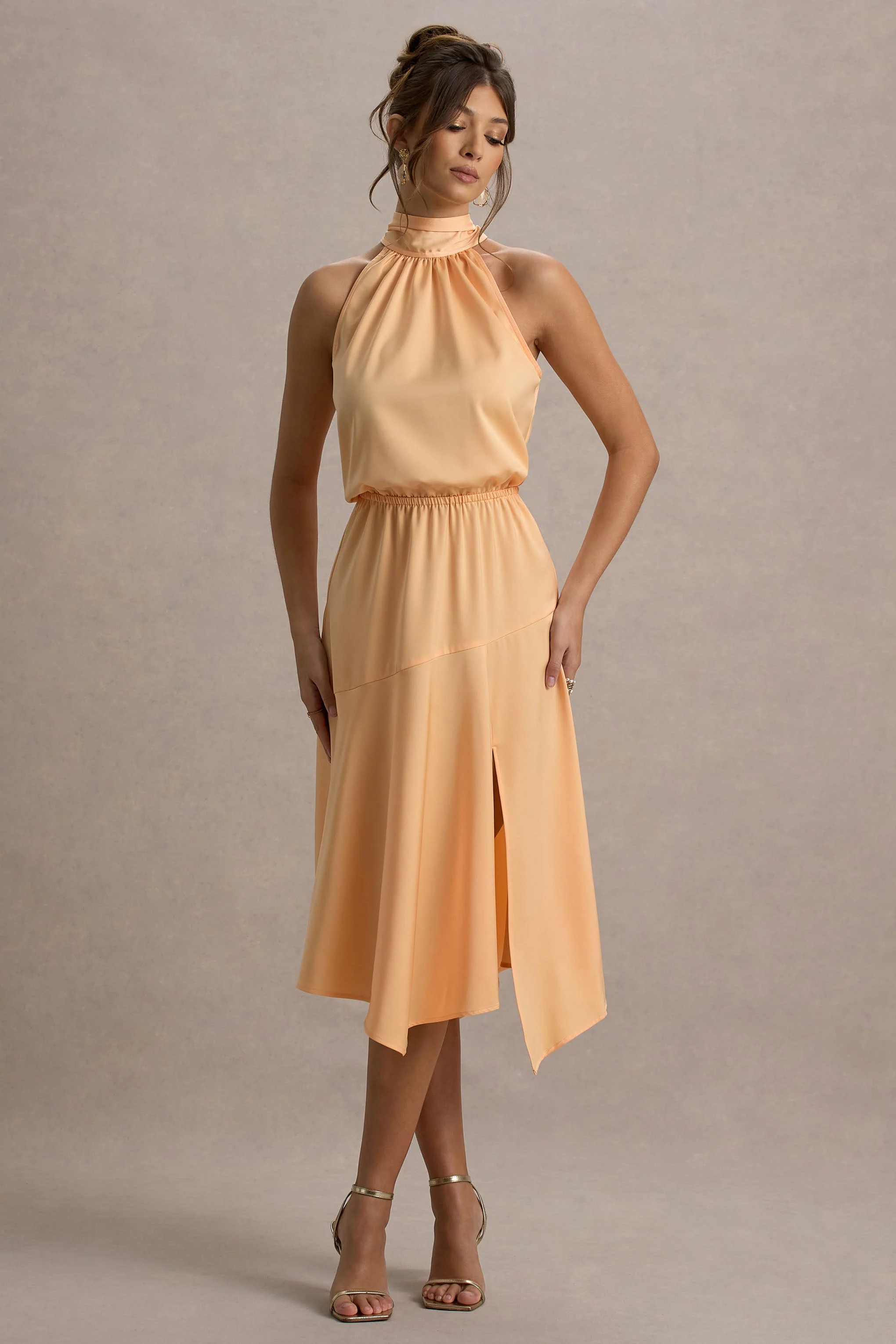 Peach Satin High-Neck Split Midi Dress