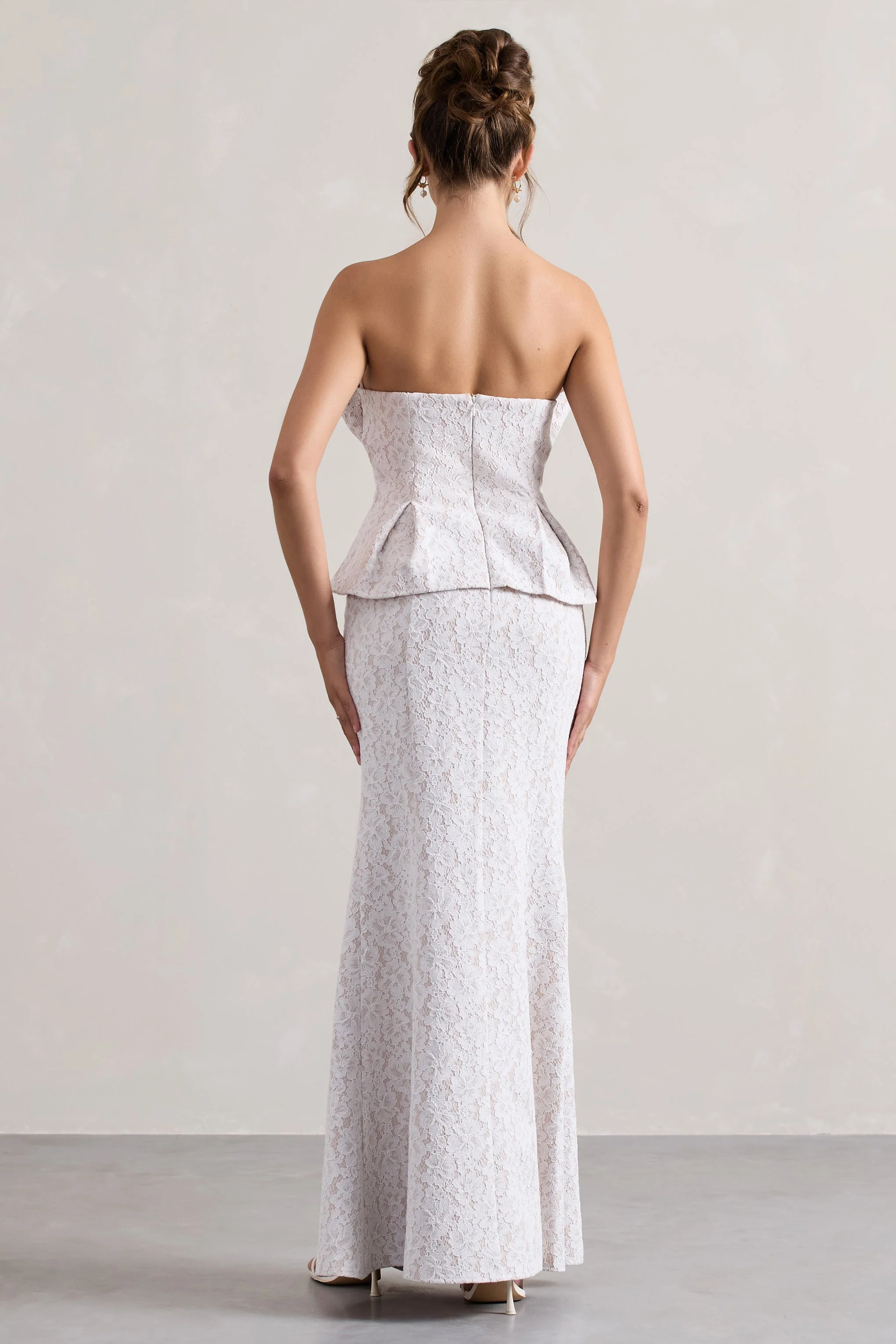 White Lace Strapless Ruffled Split Maxi Dress