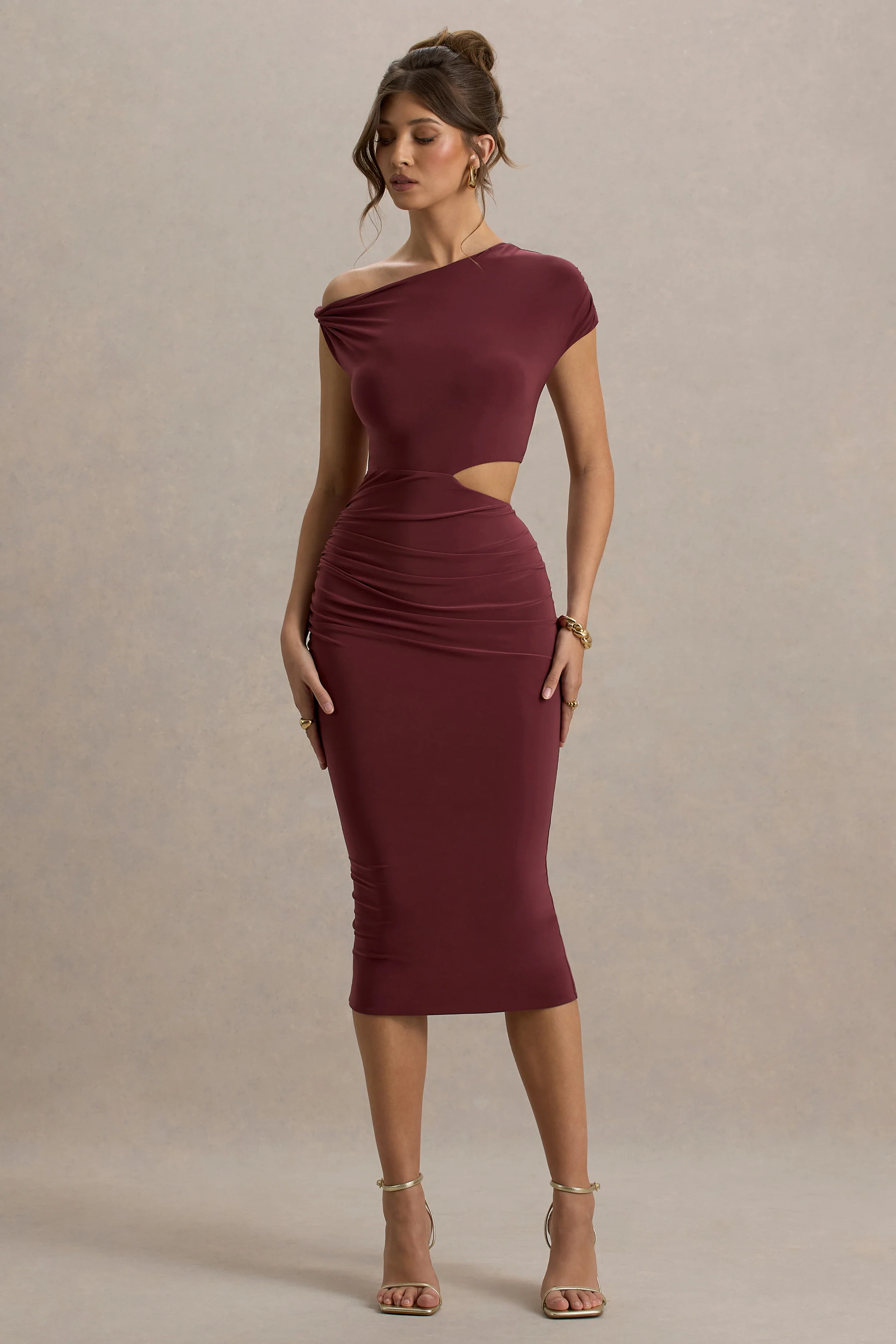 Burgundy Cut-Out Gathered Midi Dress