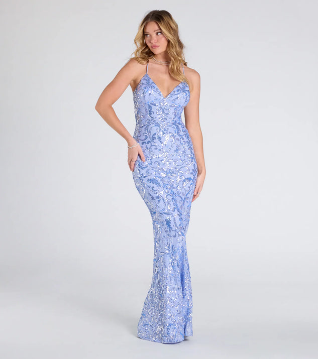 Windsor Bethanie Formal Sequin V-Neck Mermaid Dress Light Blue