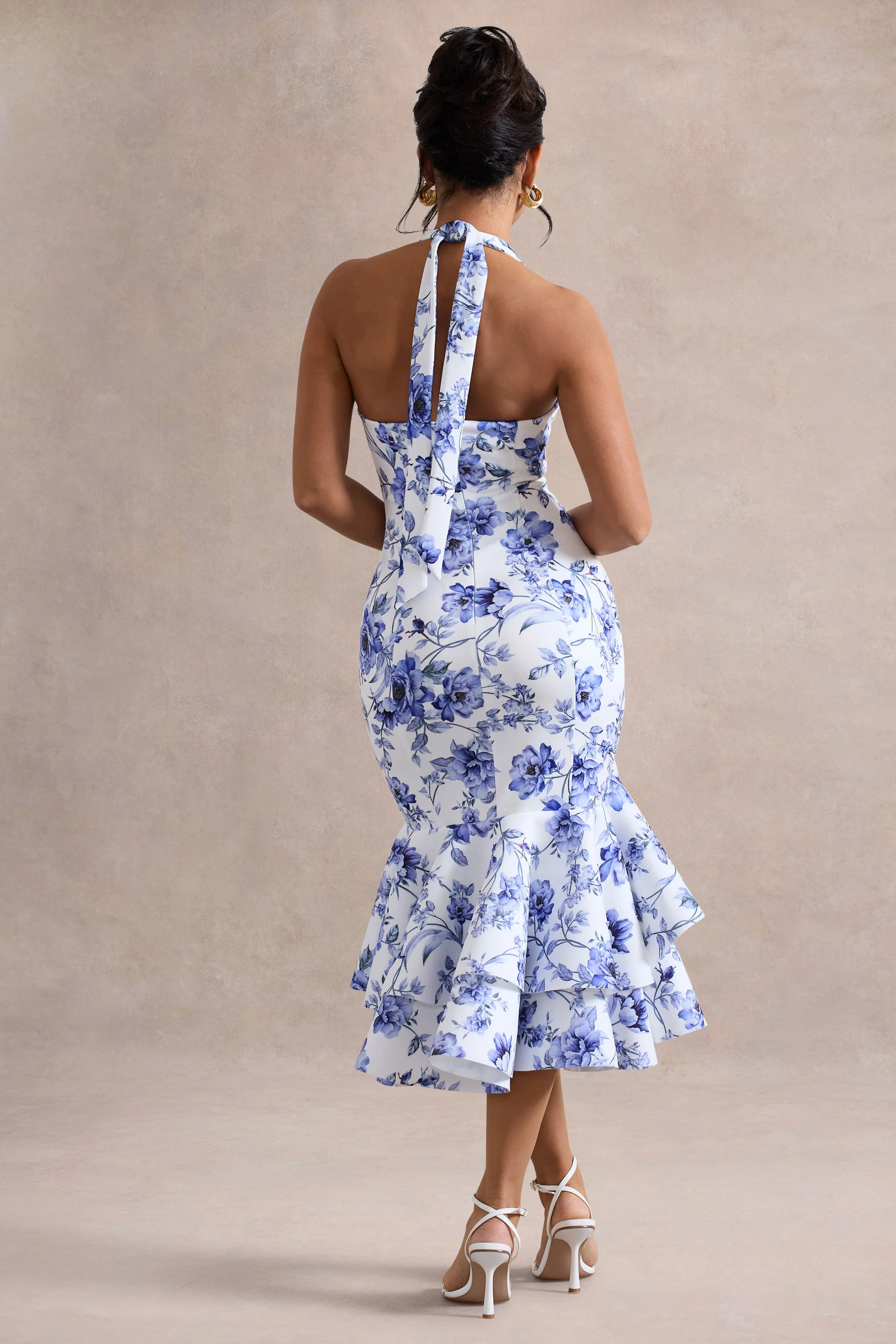 Blue Floral Halter-Neck Ruffle Trim Midi Dress
