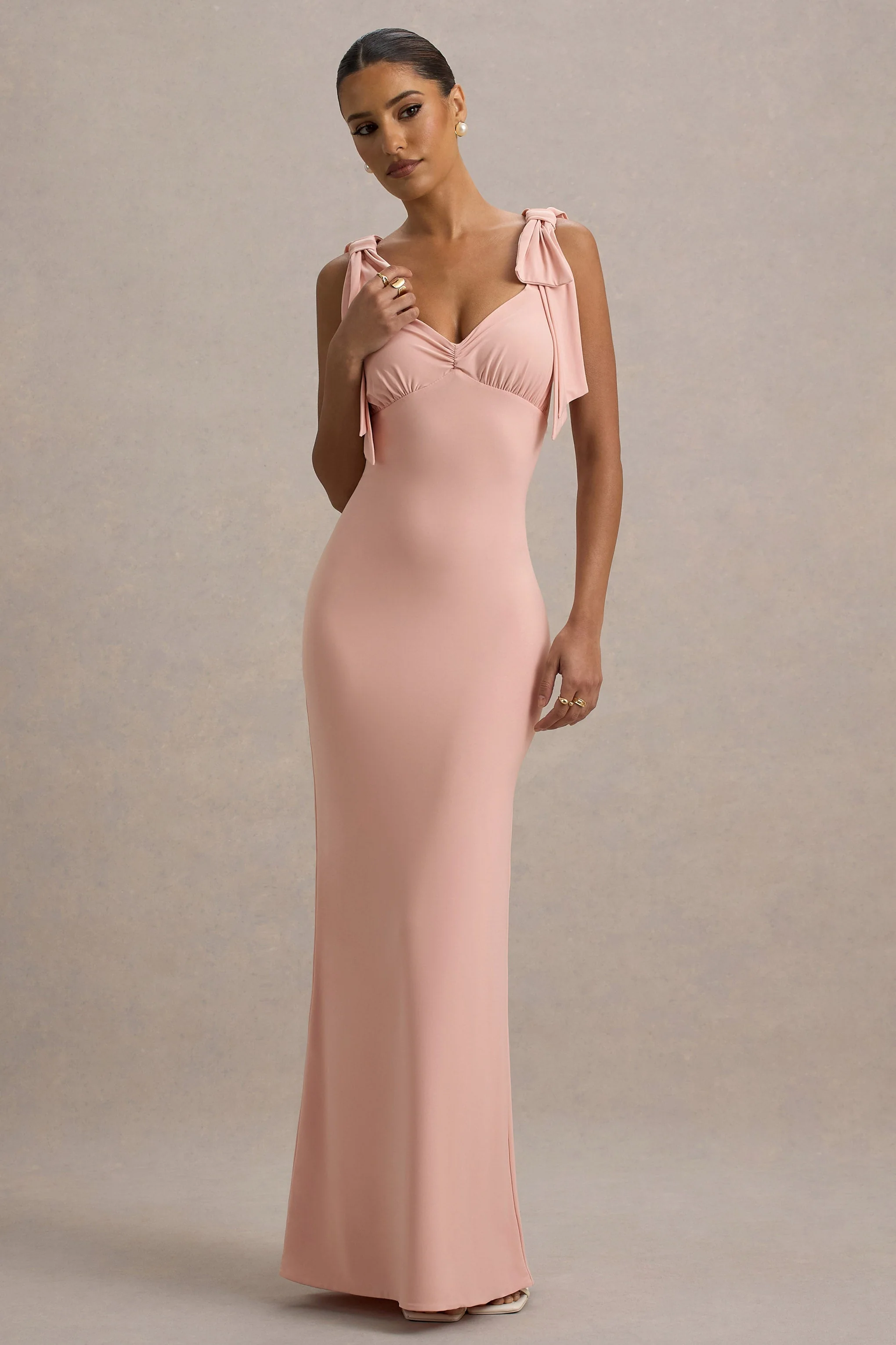 Pink V-Neck Maxi Dress With Bow Straps