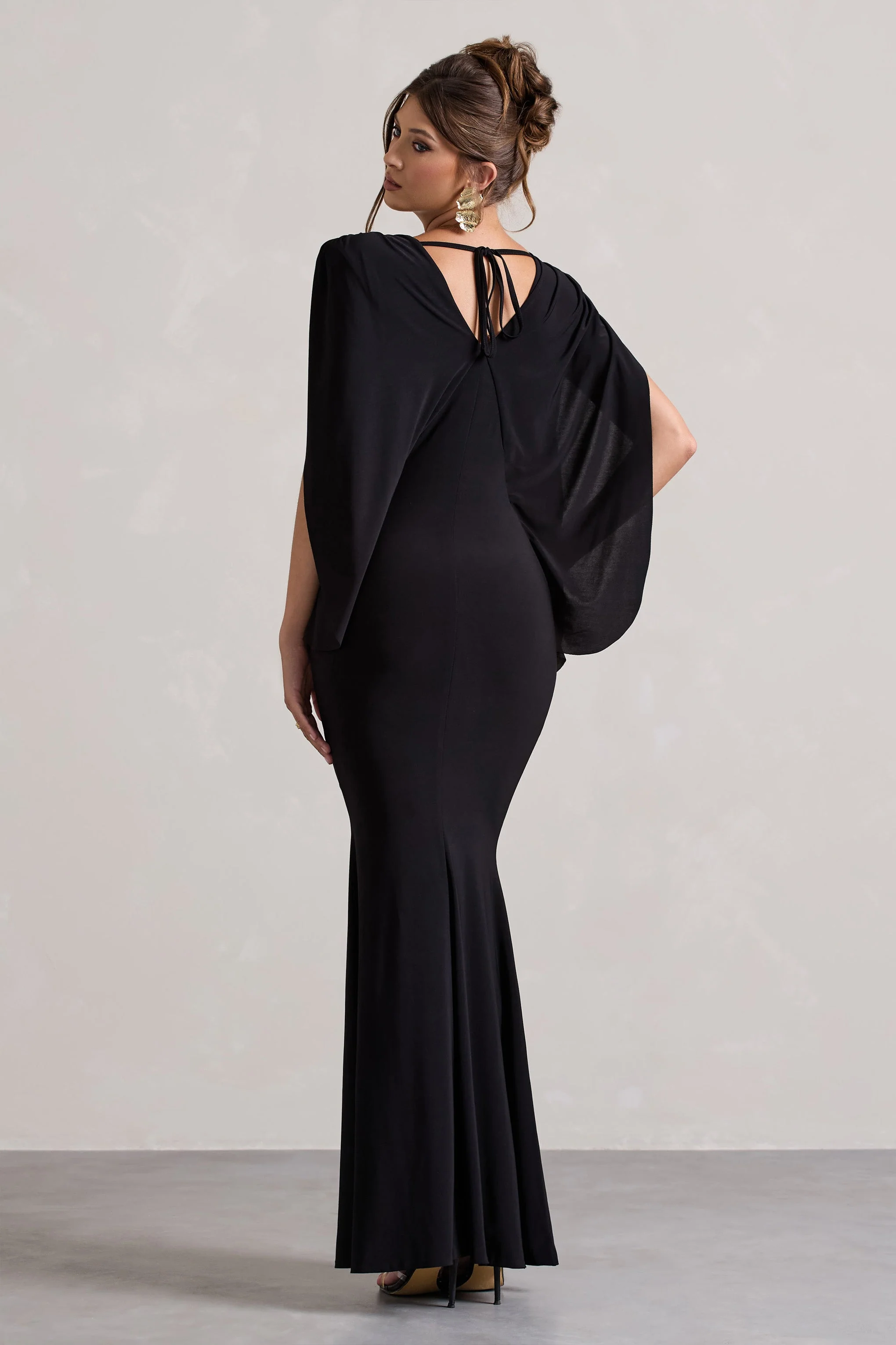 Black V-Neck Cape Sleeve Split Maxi Dress