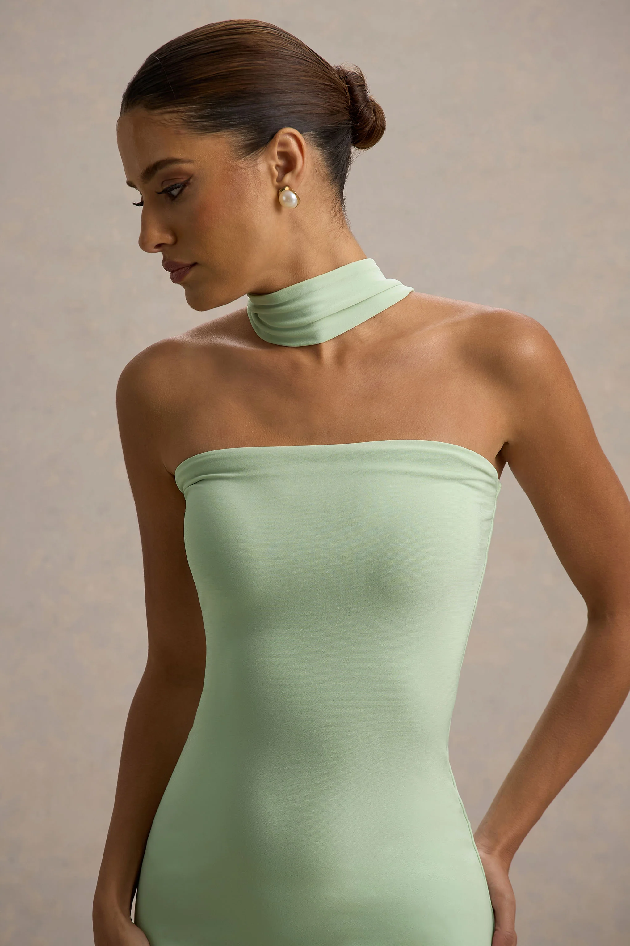 Light Green Bandeau Maxi Dress With Halter-Collar