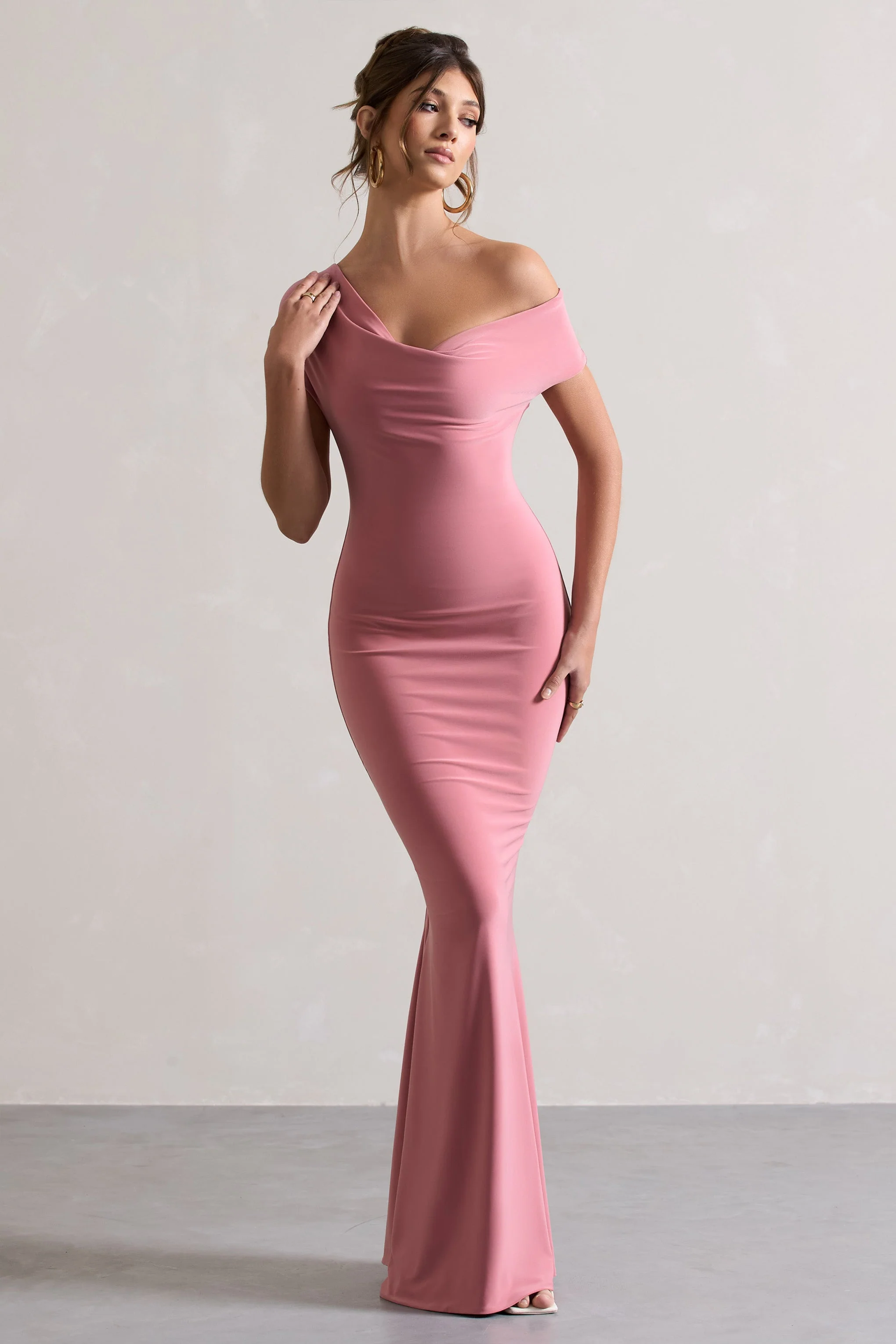 Blush Pink Asymmetric Bardot Maxi Dress