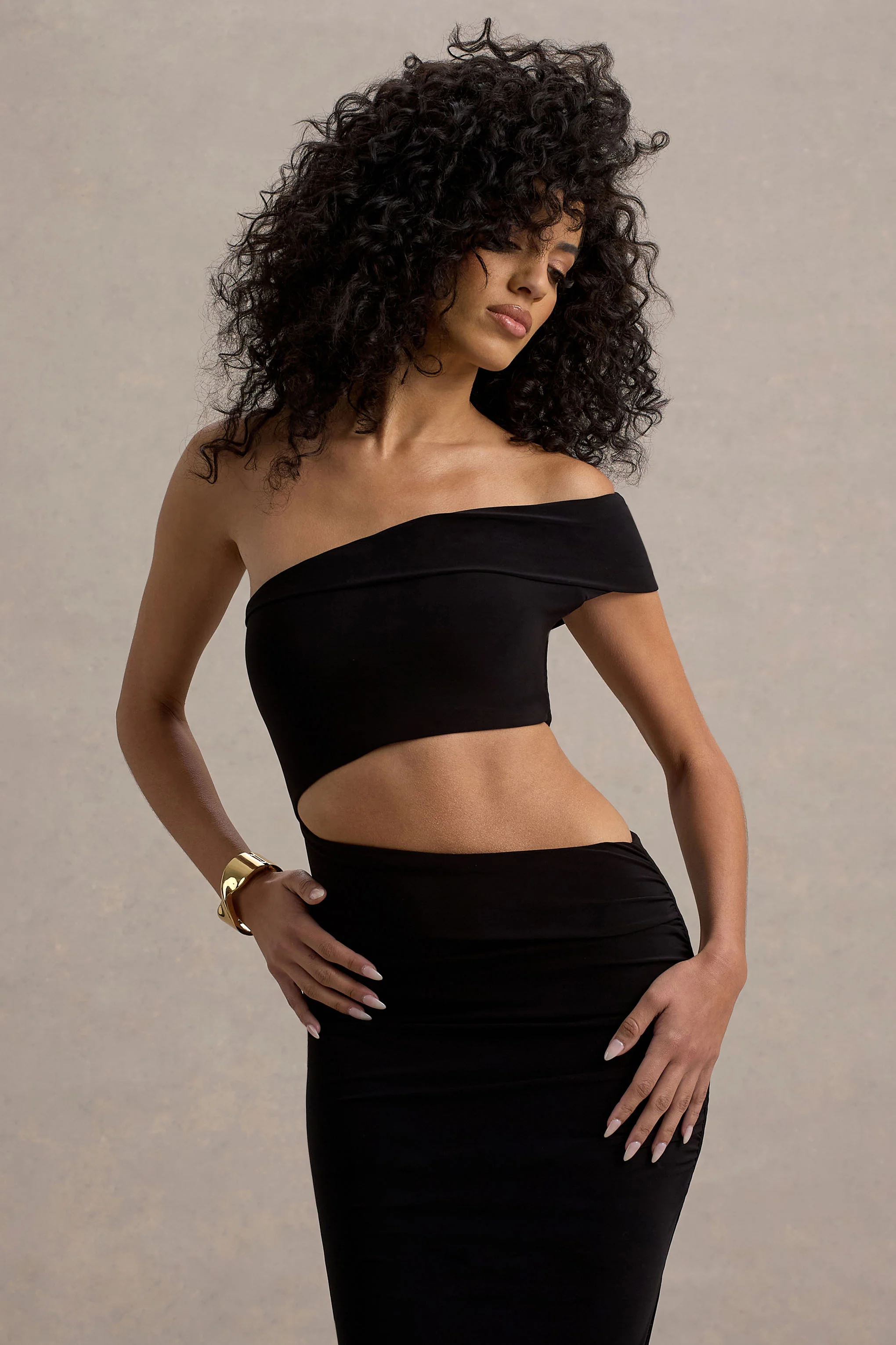 Black One-Shoulder Cut-Out Maxi Dress With Split