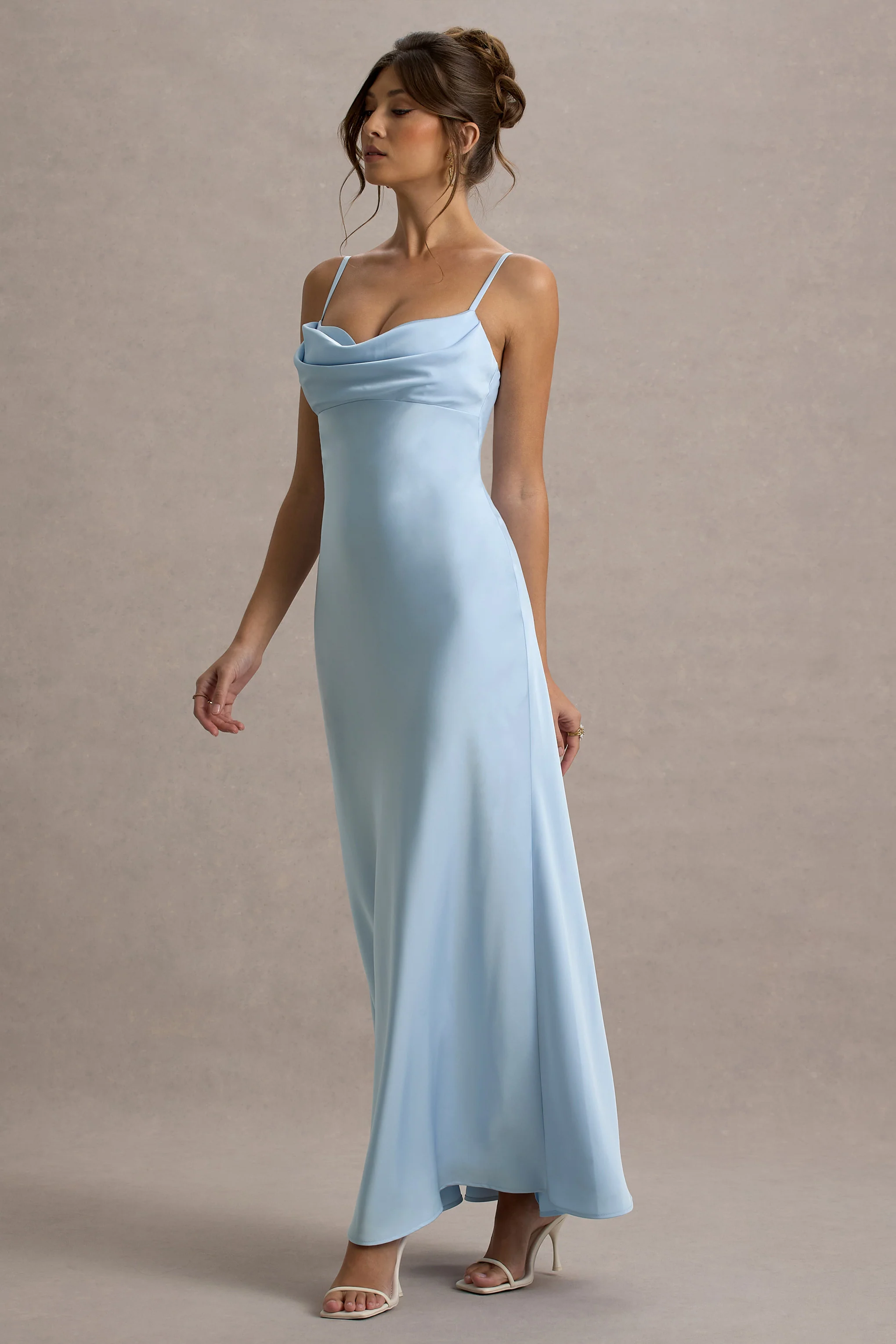 Powder Blue Satin Draped Sweetheart Maxi Dress