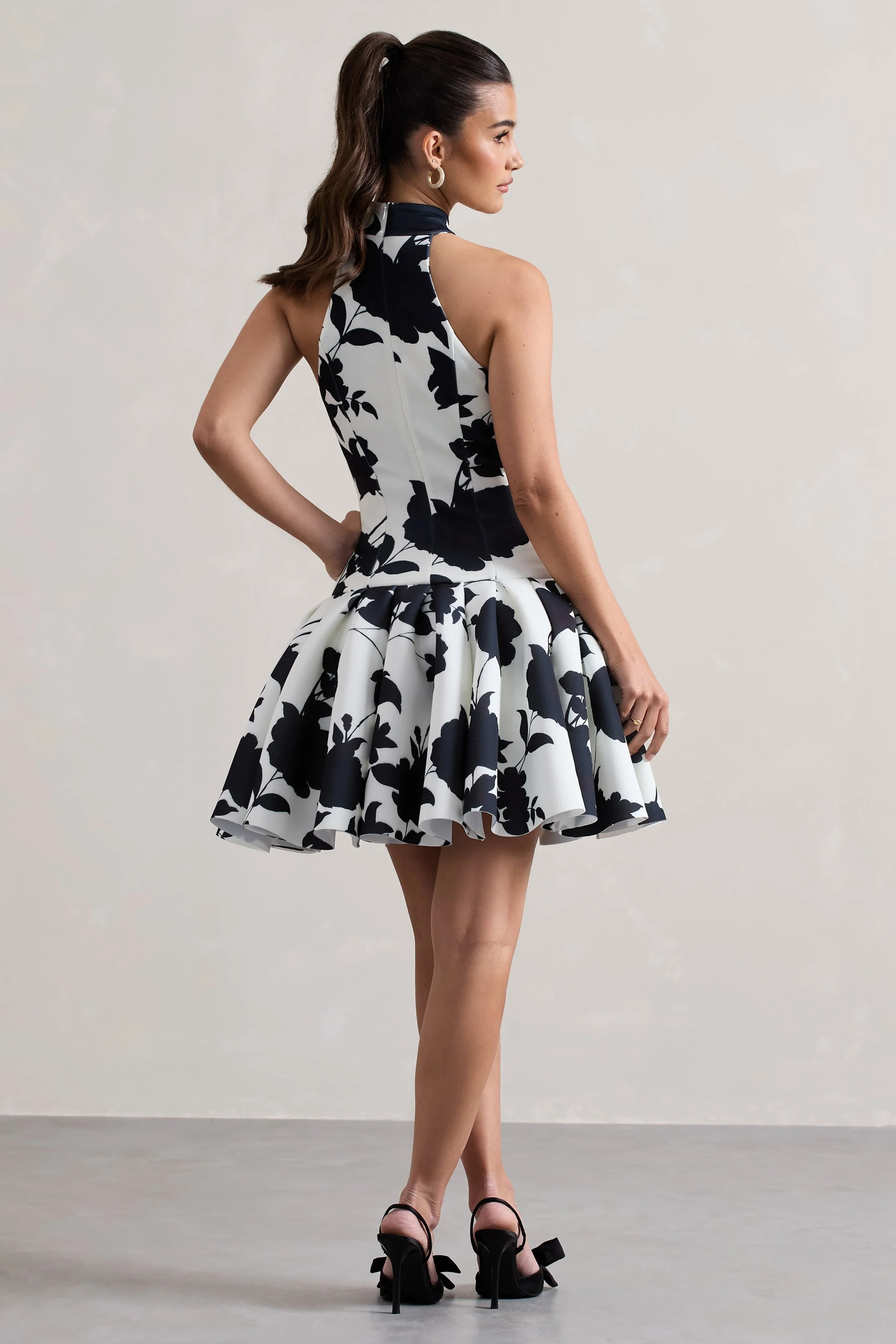 Cream Floral Print High-Neck Mini Dress With Volume Hem