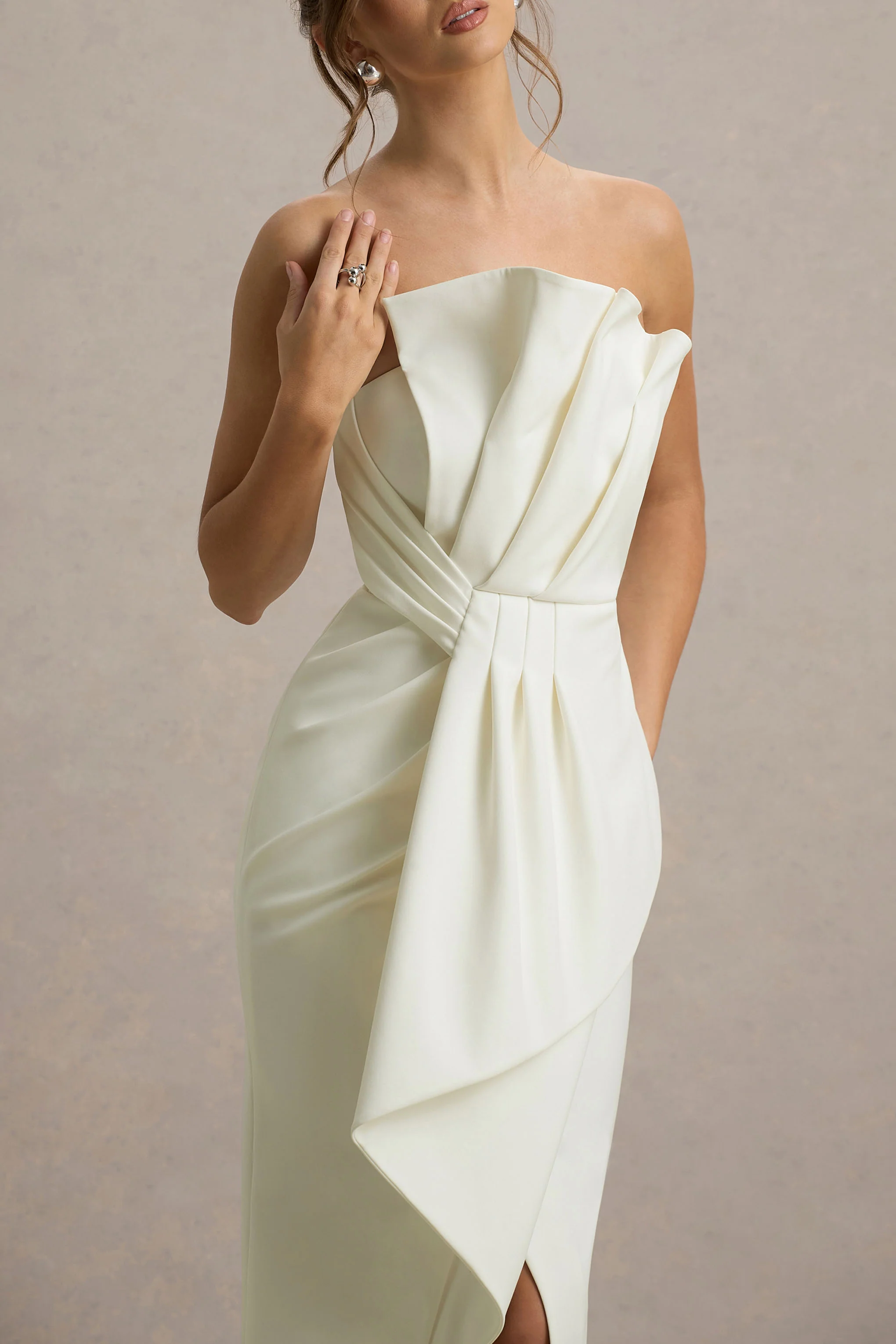Cream Strapless Ruffle Split Maxi Dress