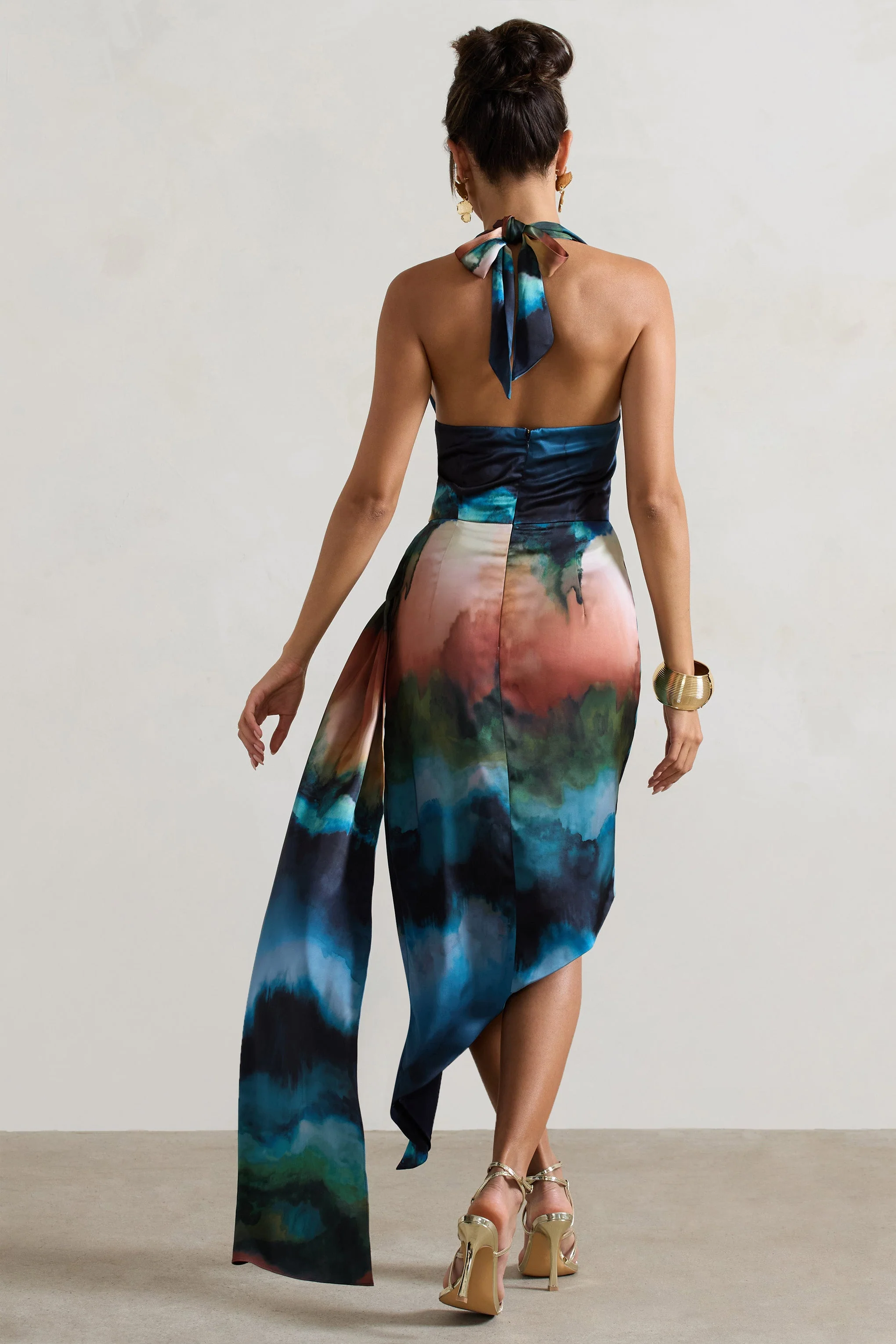 Blue Blur Print Satin Cowl-Neck Draped Midi Dress