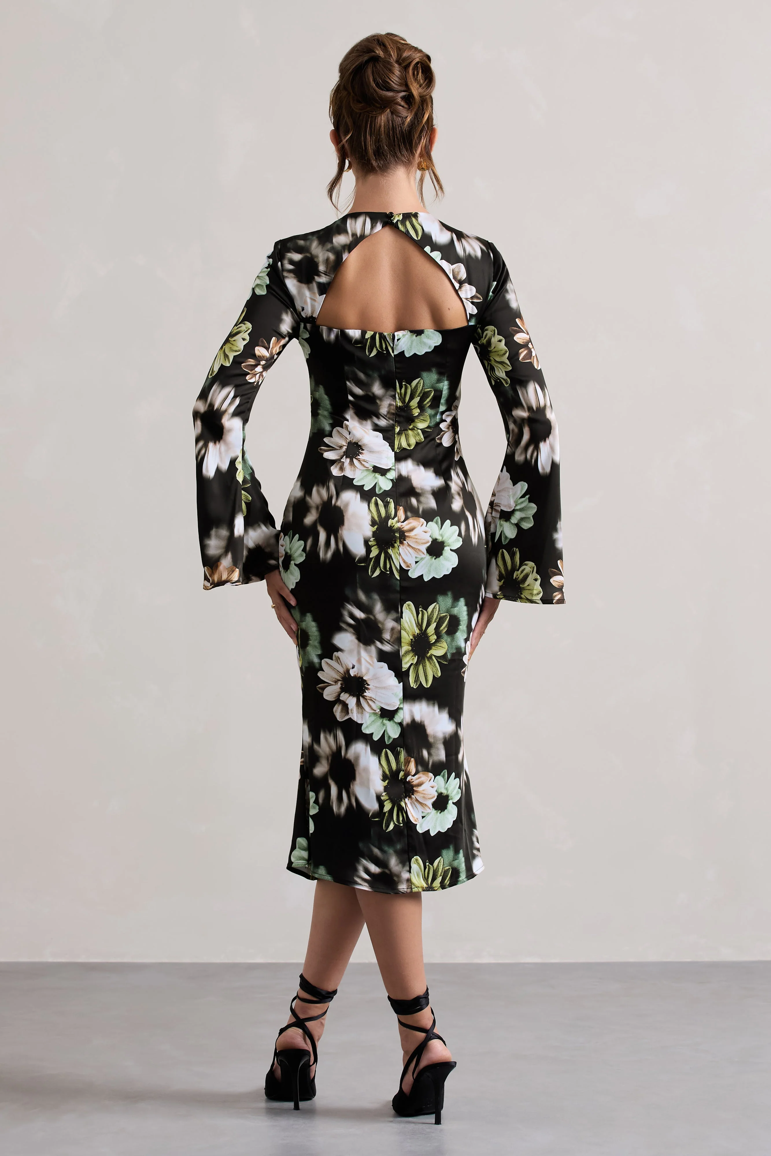 Black Floral Print Satin Long-Sleeve Midi Dress