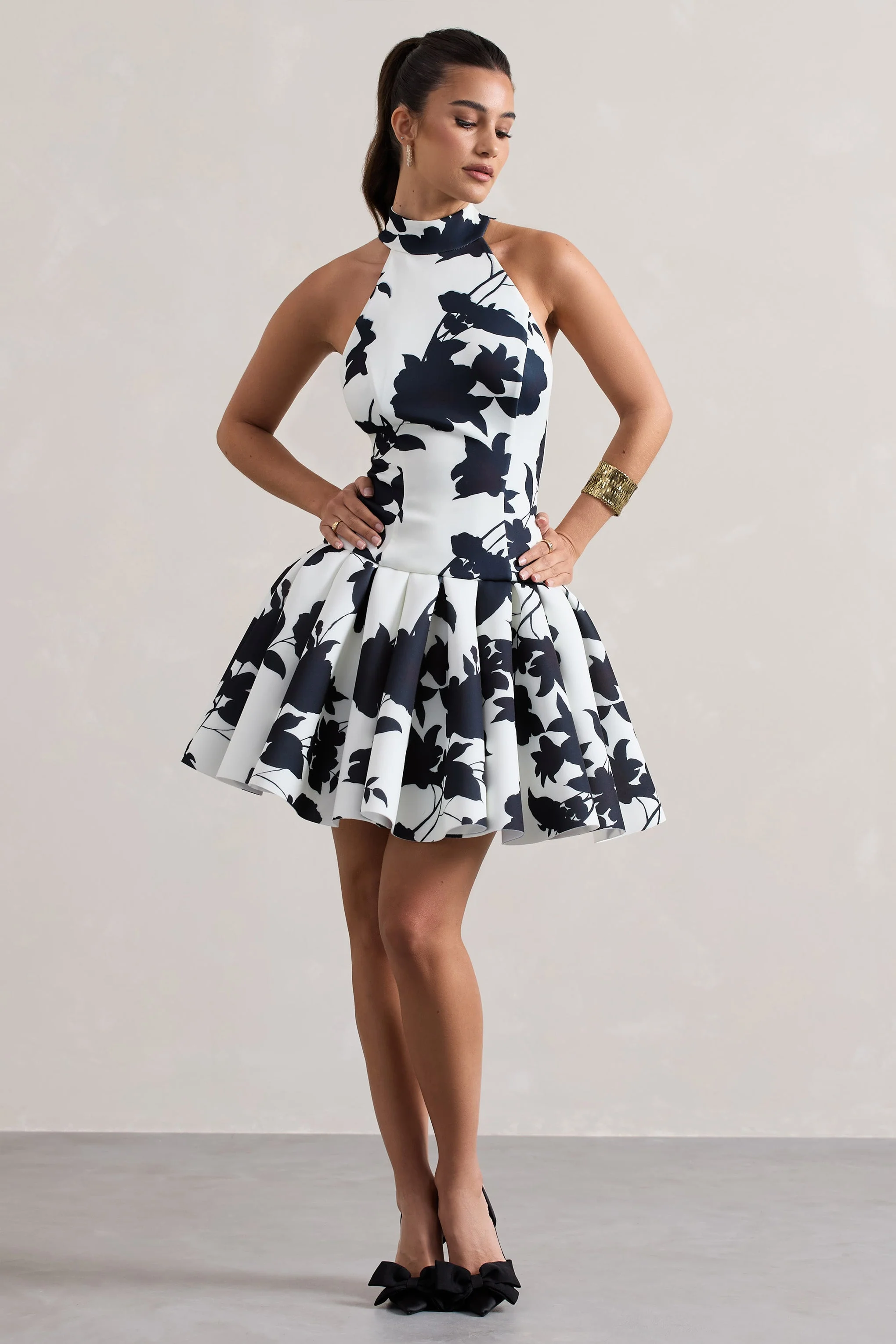 Cream Floral Print High-Neck Mini Dress With Volume Hem