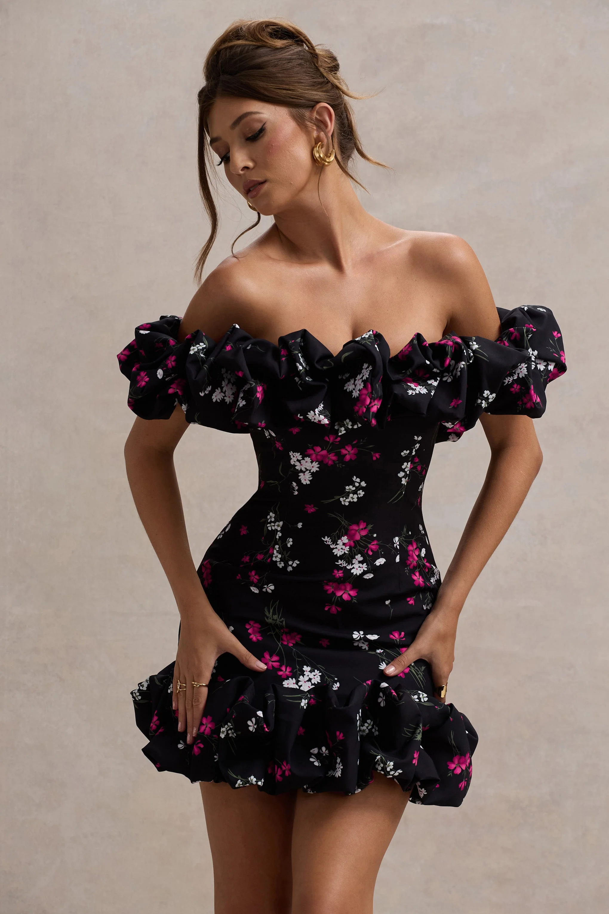 Black Ditsy Floral Print Ruffled Bardot Mini Dress