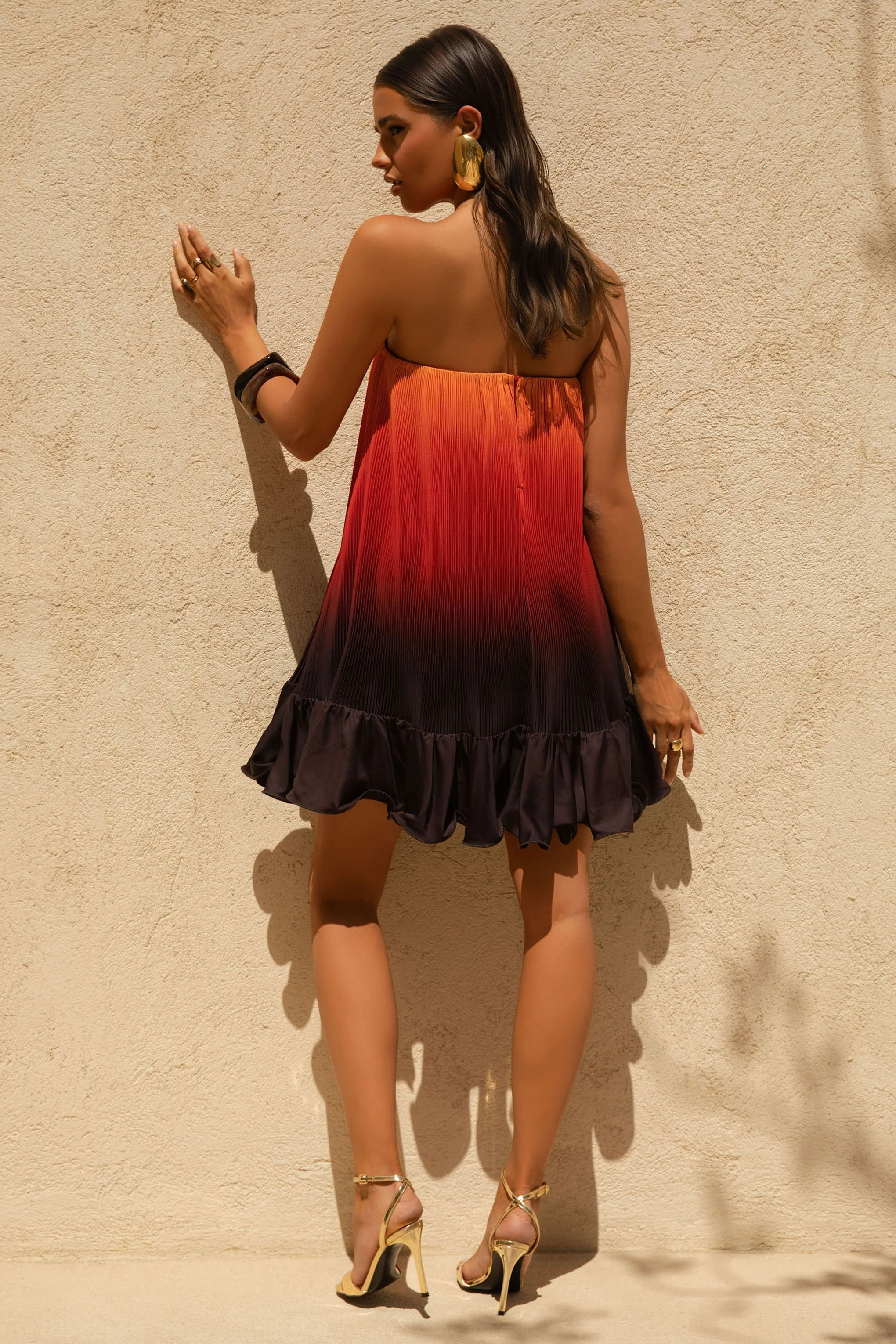 Orange Ombre Satin Mini Dress With Ruffle Hem