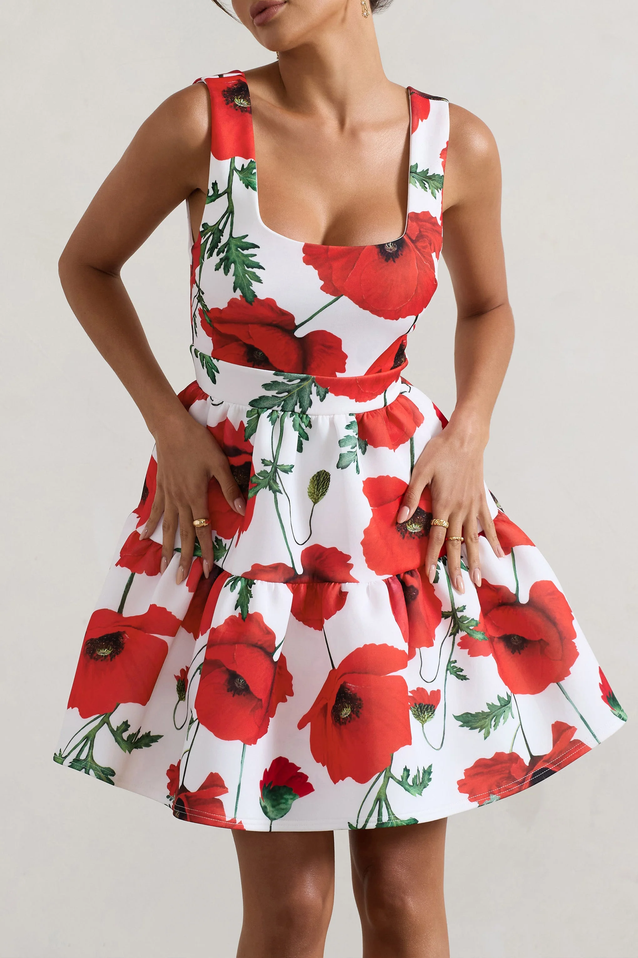 Poppy Print Scoop-Neck Tiered Volume Hem Mini Dress