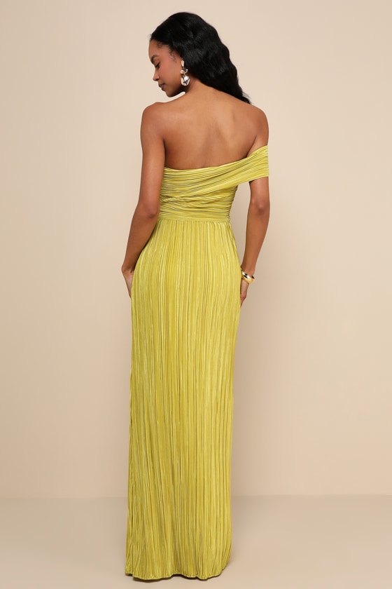 Lulus Poised Performance Chartreuse Plisse One-Shoulder Maxi Dress