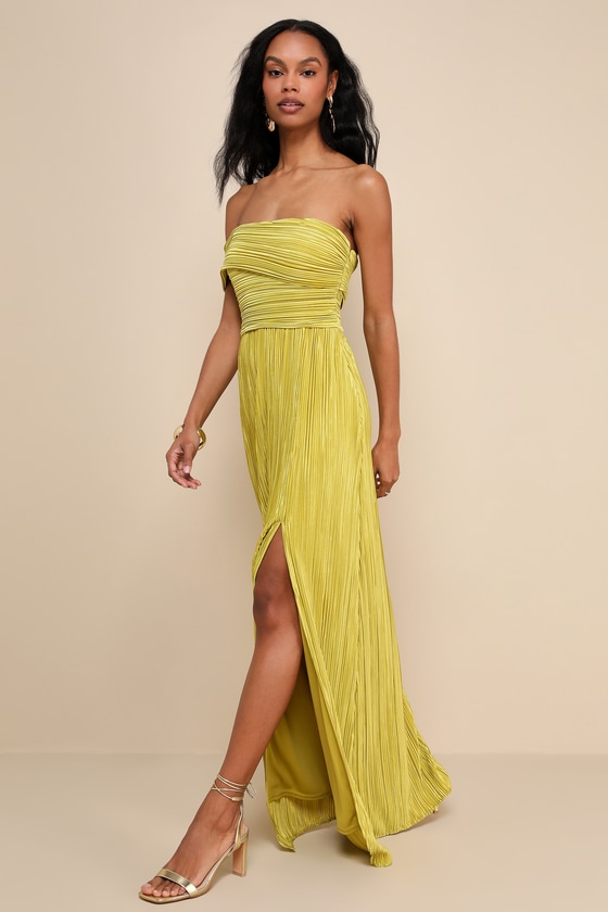 Lulus Poised Performance Chartreuse Plisse One-Shoulder Maxi Dress