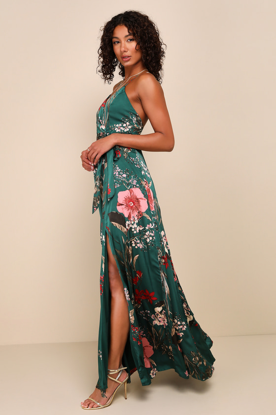 Lulus Still the One Emerald Green Floral Print Satin Maxi Dress