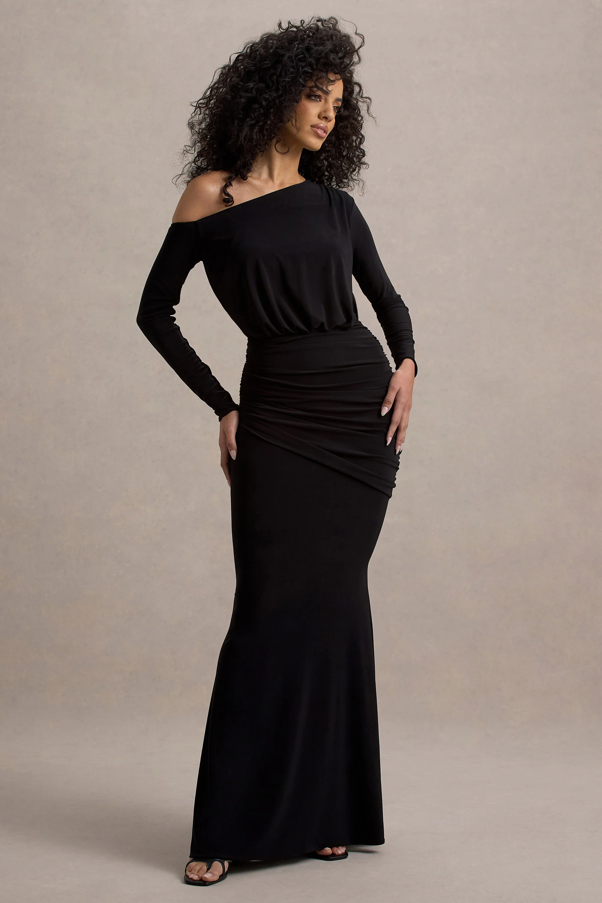 Black Asymmetric Long-Sleeve Ruched Maxi Dress