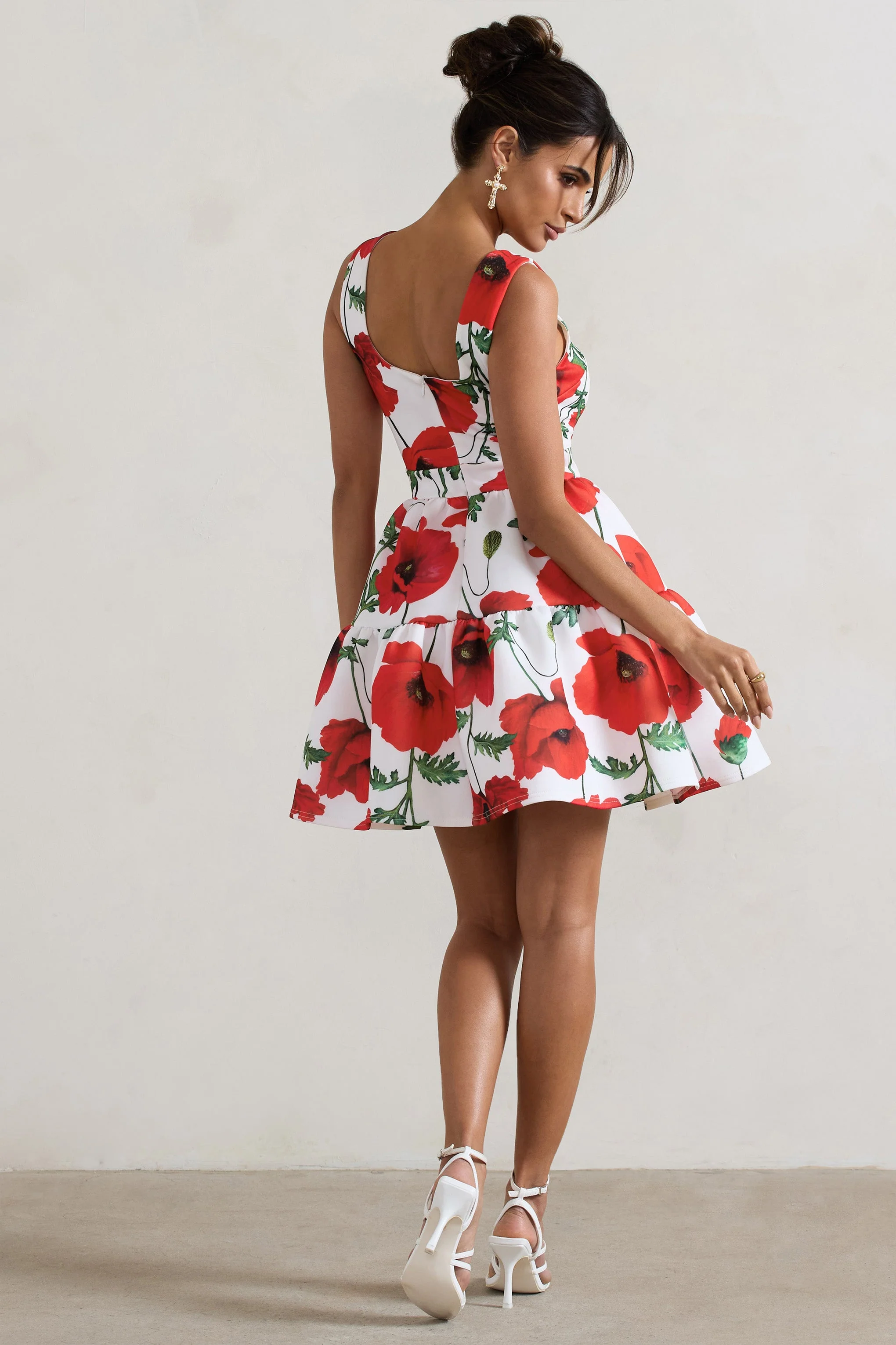 Poppy Print Scoop-Neck Tiered Volume Hem Mini Dress