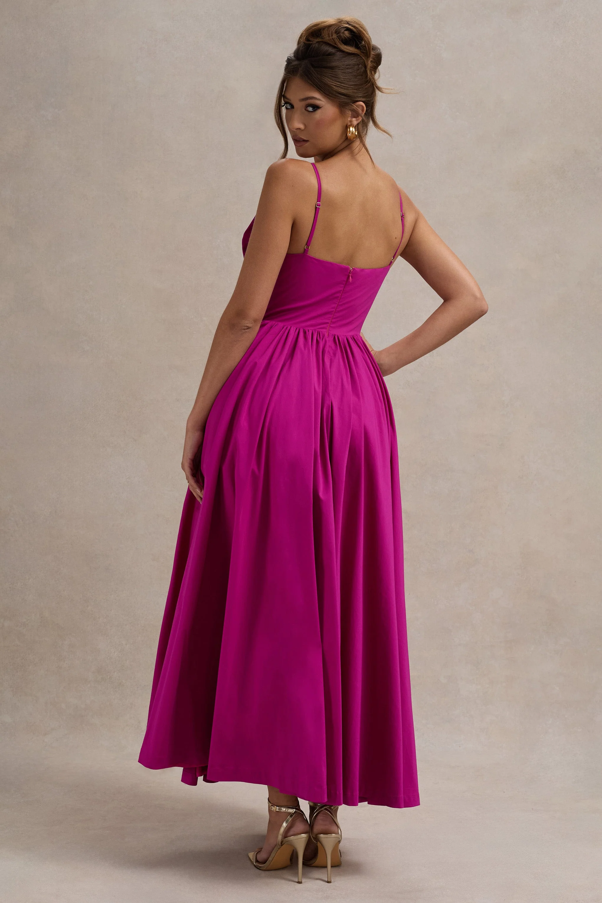 Fuschia Pink Strappy Pleated Maxi Dress With Bows