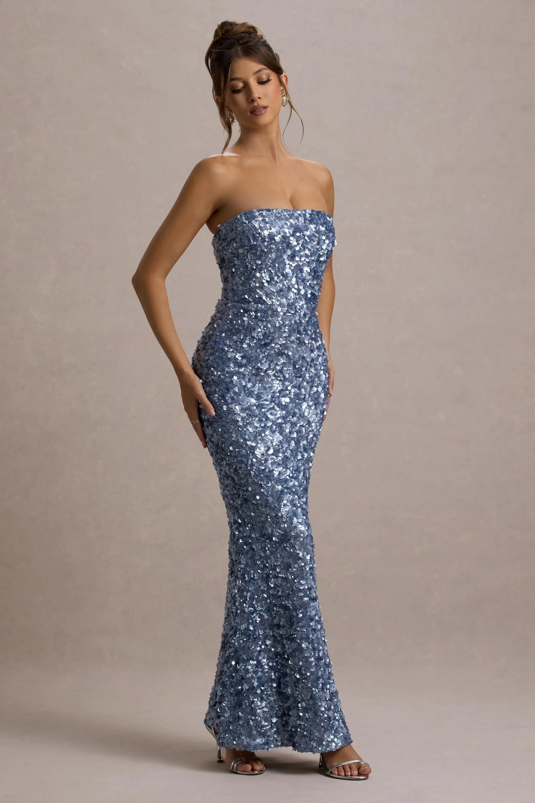 Powder Blue Sequin Strapless Maxi Dress