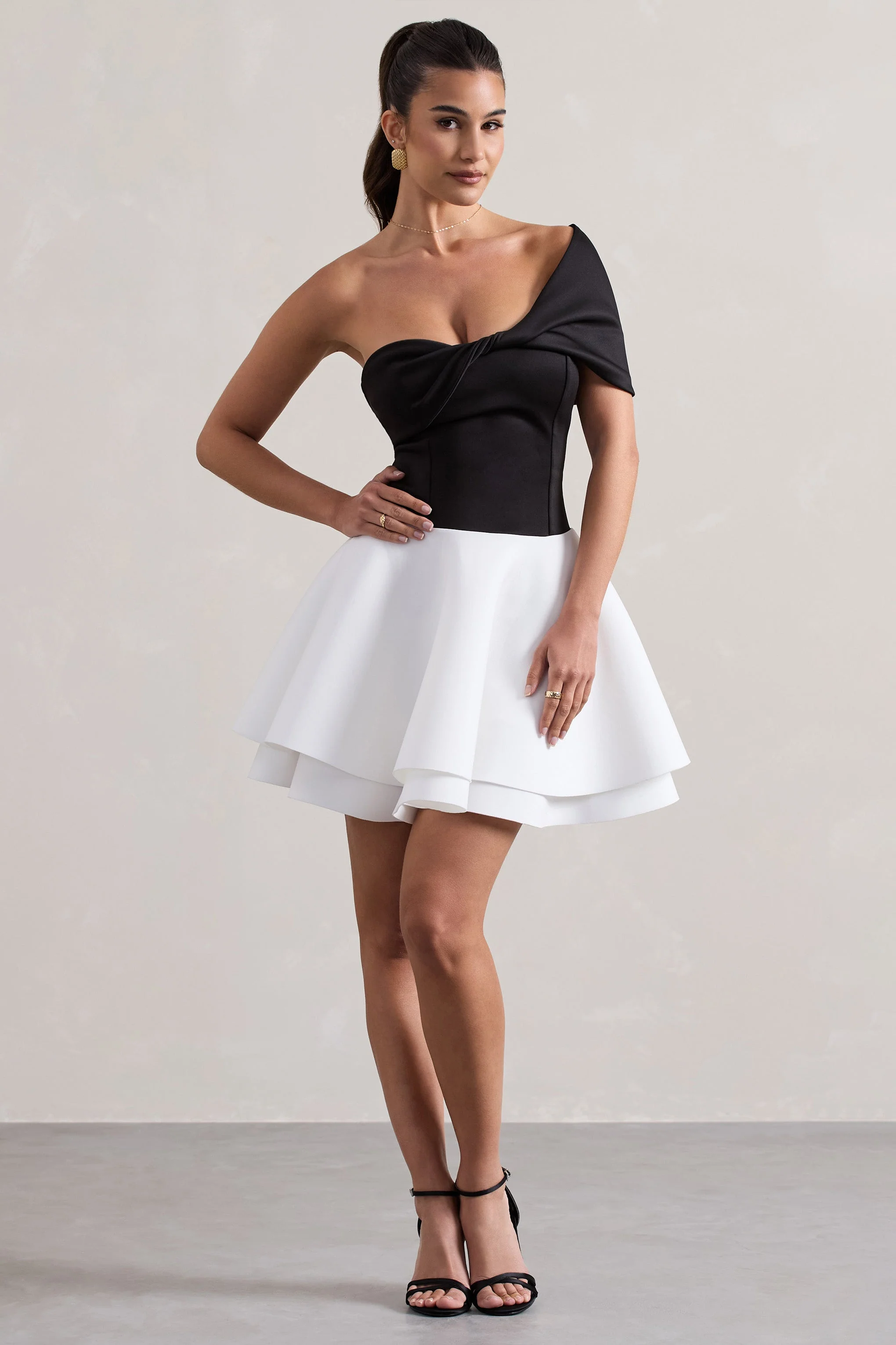 Black & White Twisted Bardot Skater Mini Dress