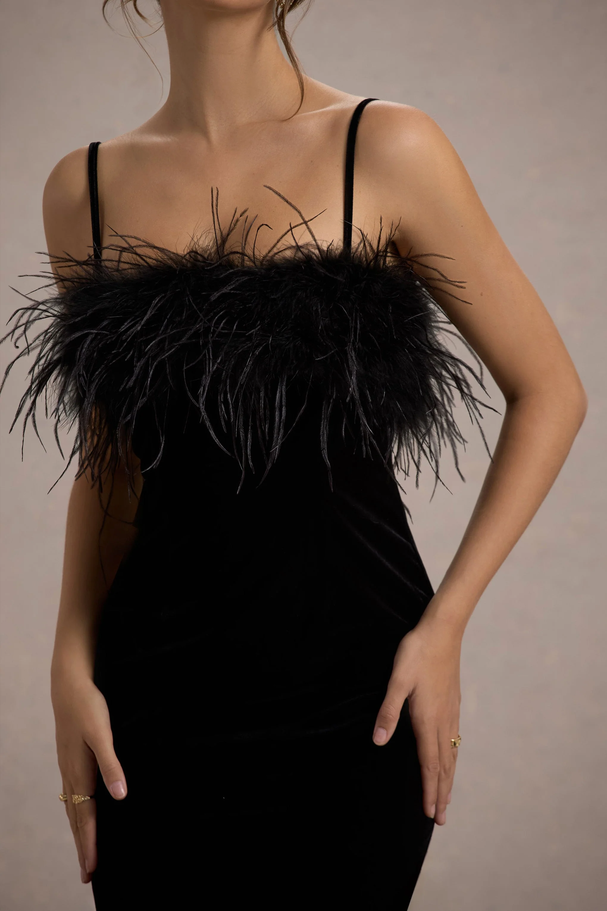 Black Velvet Feather Trim Midi Dress