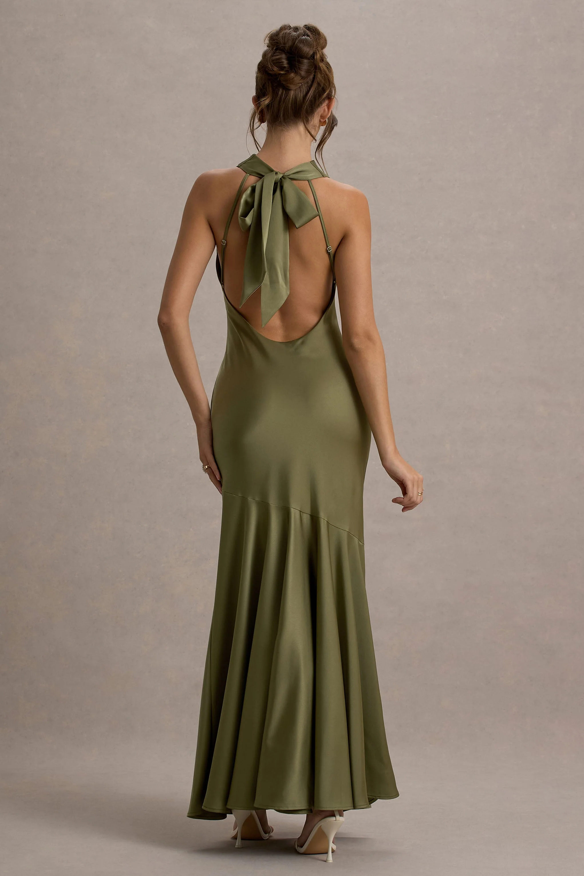 Khaki Satin Cowl-Neck Maxi Dress